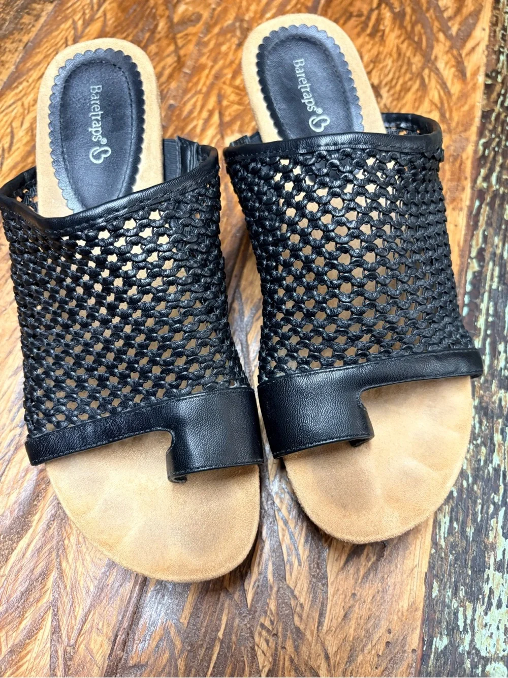 BareTraps Flossey Wedge Black Woven Mesh Cork Wedge Slides Sandals Size 11